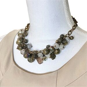 LOFT Chunky Beaded Charm Bronze Chain Link Necklace White Pink 16” + 3” Ext